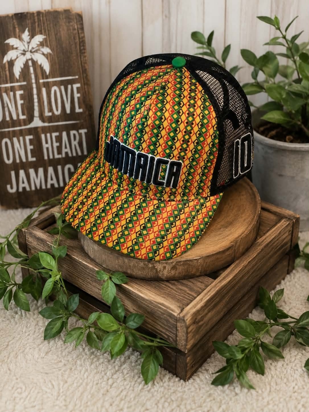 Jamaica Patterned Truckers Cap - Yellow Green Red